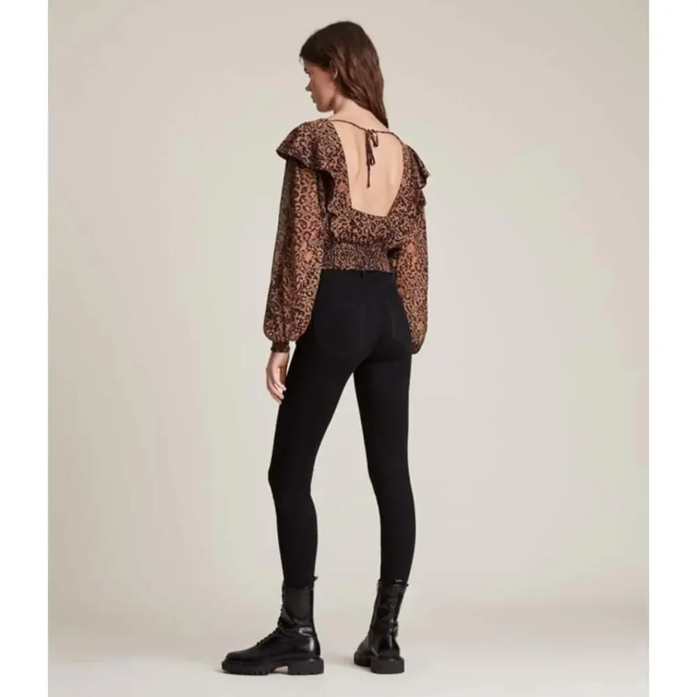 AllSaints Elodie Halftone Animal Print Ruffle Crop Top - Picture 2 of 8
